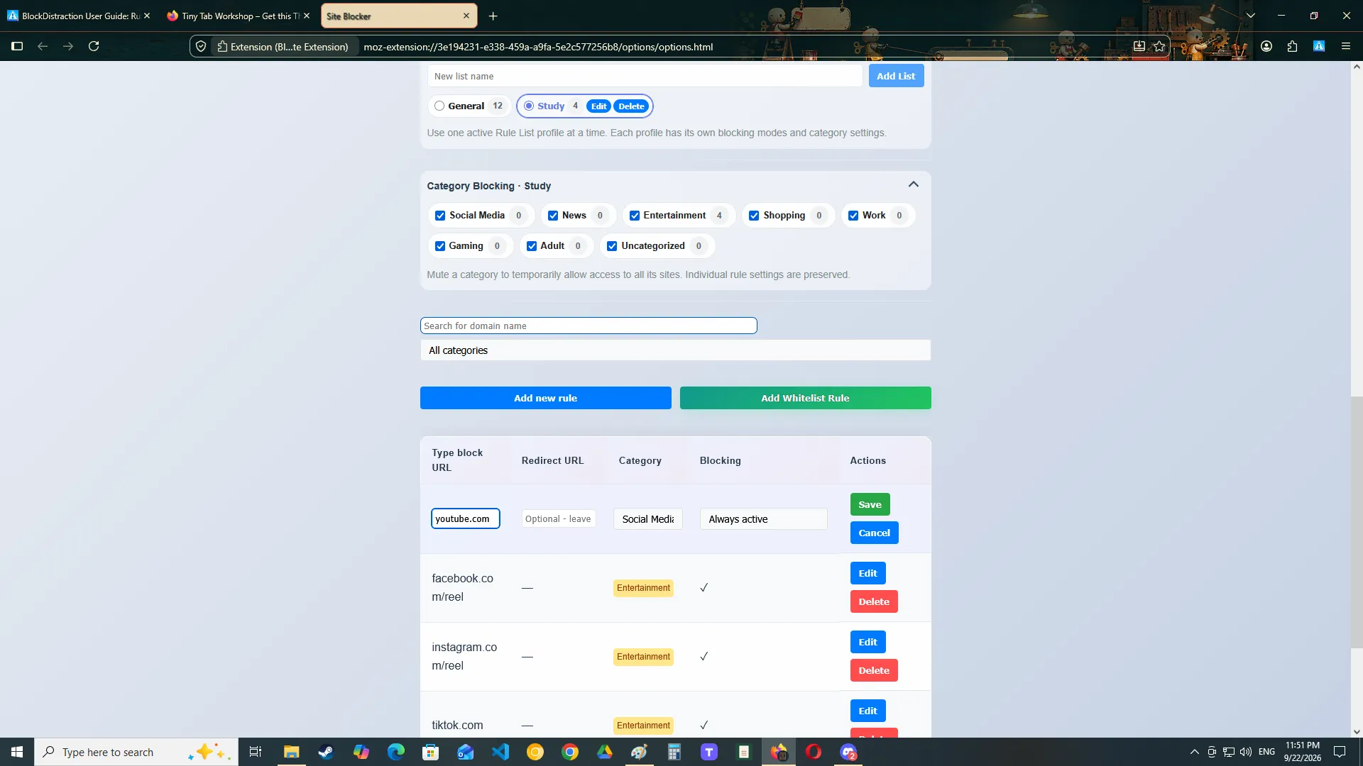 The BlockDistraction form for creating a new blocking rule
