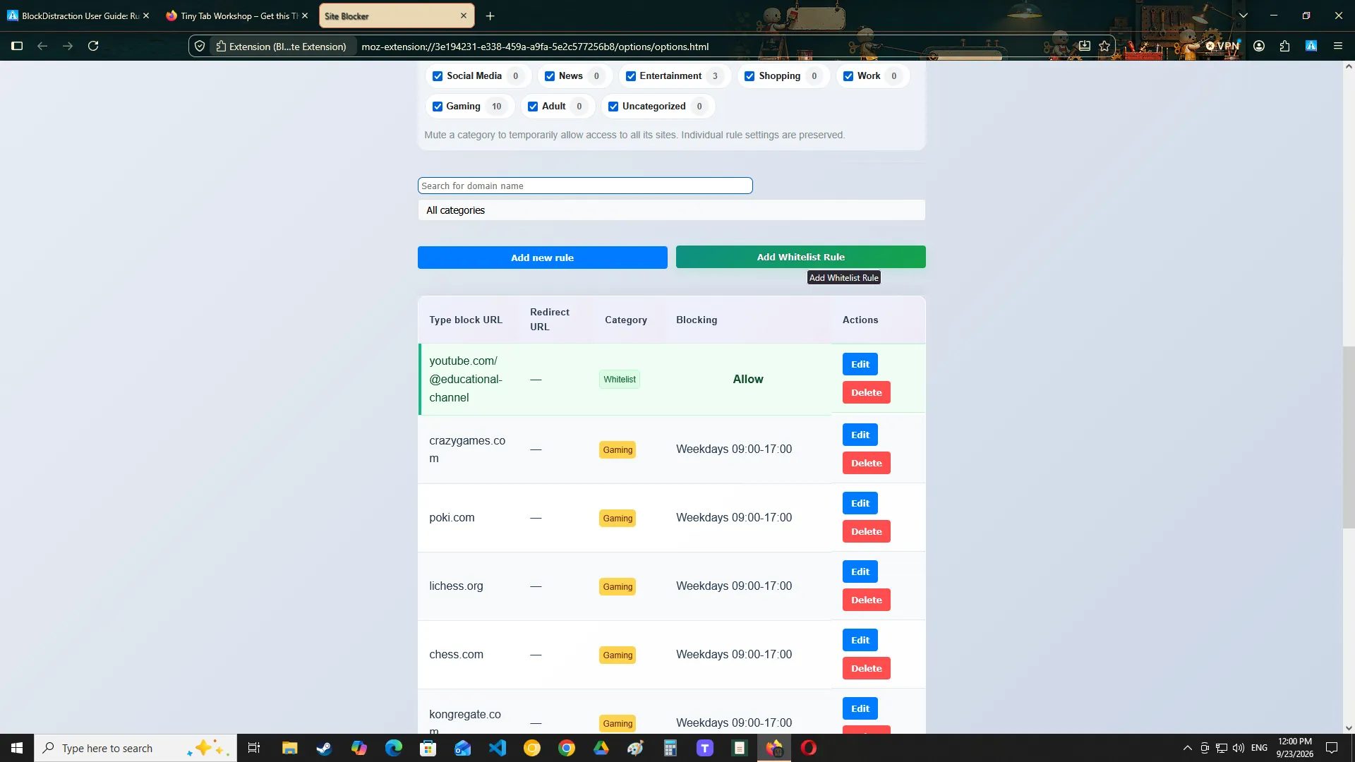 Blacklist and Whitelist controls in BlockDistraction