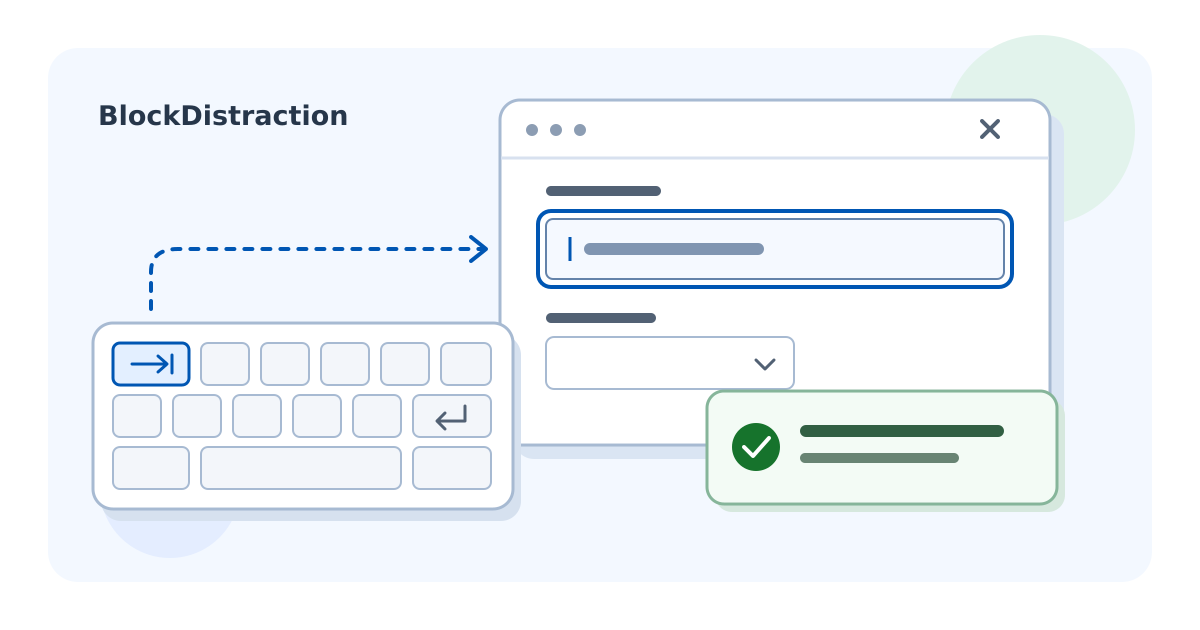 Illustration of a keyboard, a form field with a visible focus outline and a confirmation message