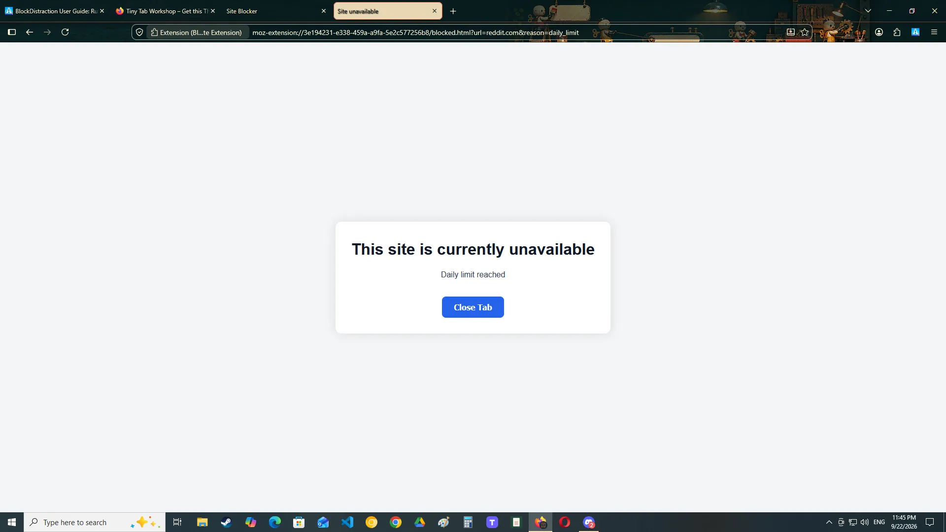 The built-in BlockDistraction page displayed after a blocked website is opened