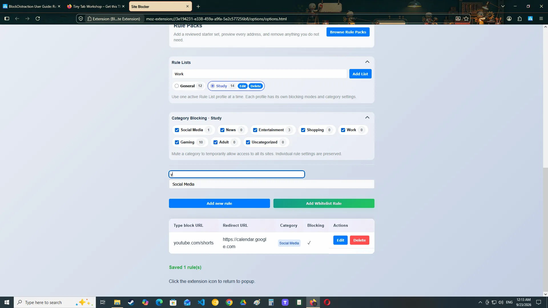 Category filters and the search field in BlockDistraction