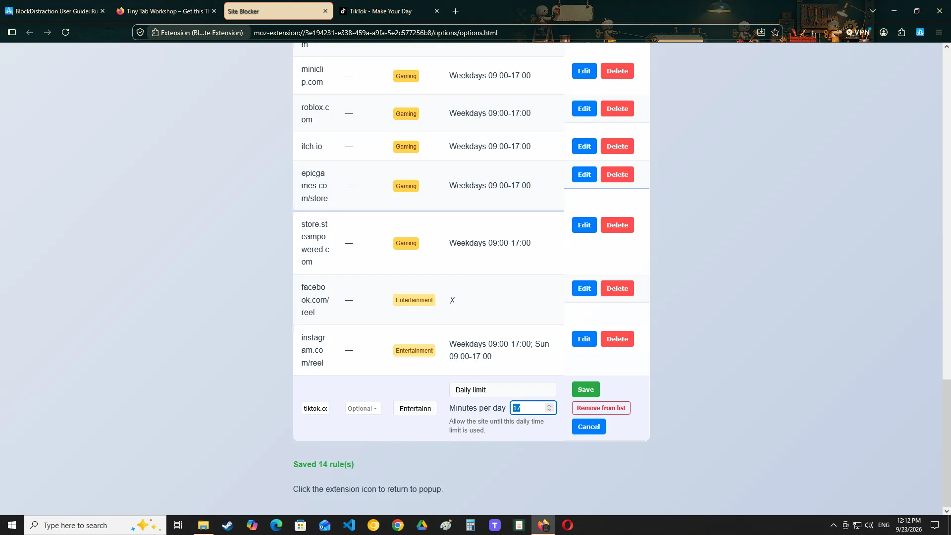 Daily Limit assignment mode and usage progress for a BlockDistraction rule