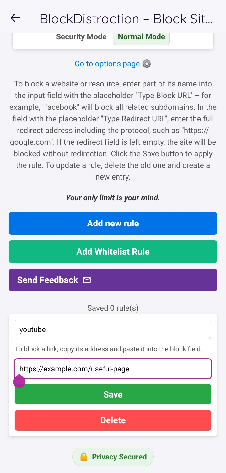 Add Rule form in the BlockDistraction popup on Firefox for Android