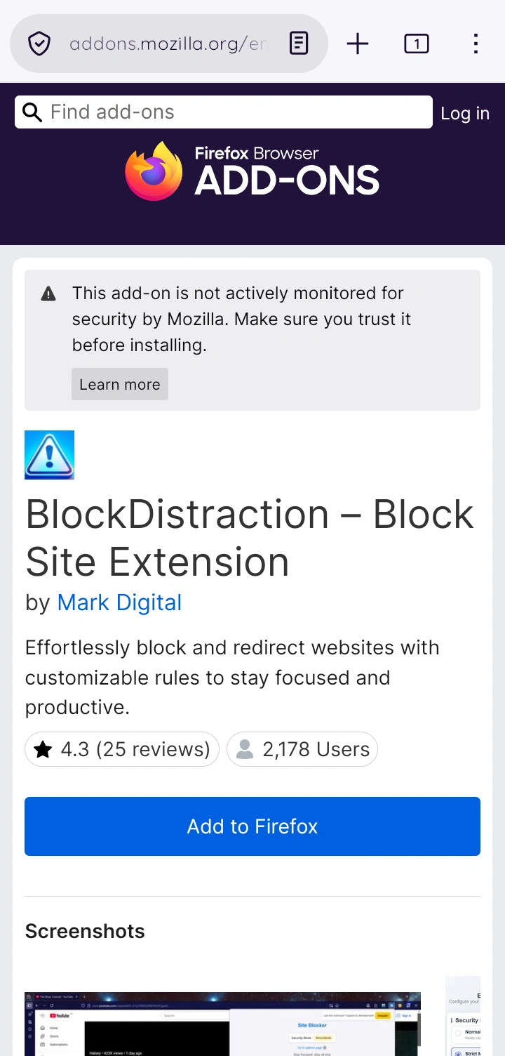 BlockDistraction page on Firefox Add-ons for Android with the Add to Firefox button