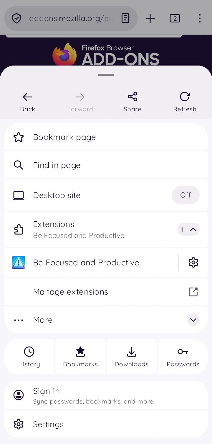 Extensions option in Firefox for Android settings