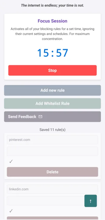 Focus Session controls in the BlockDistraction popup on Firefox for Android
