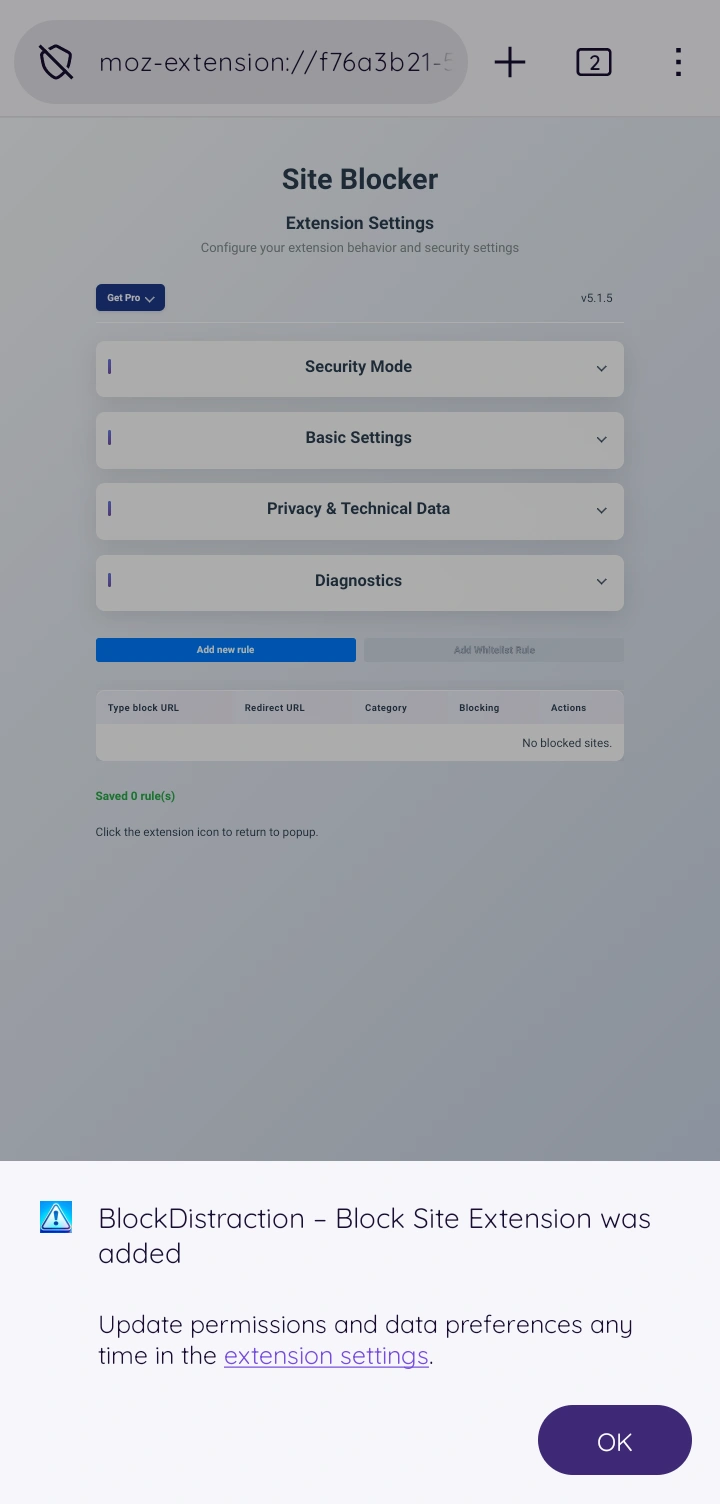 Firefox for Android confirmation that BlockDistraction was installed