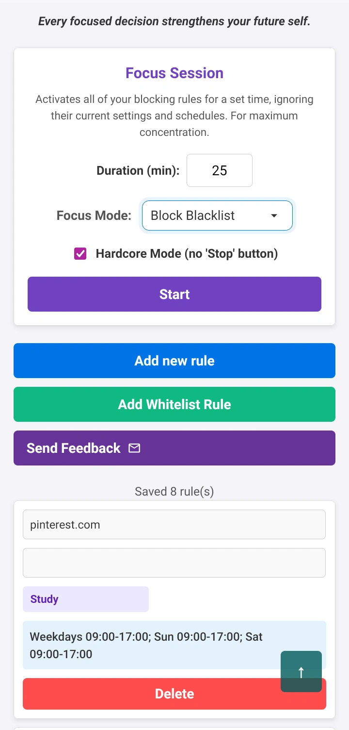 BlockDistraction extension popup in Firefox for Android
