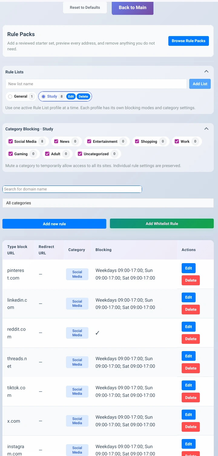 BlockDistraction settings page with Rule List profiles, website blocking rules and assignment mode controls