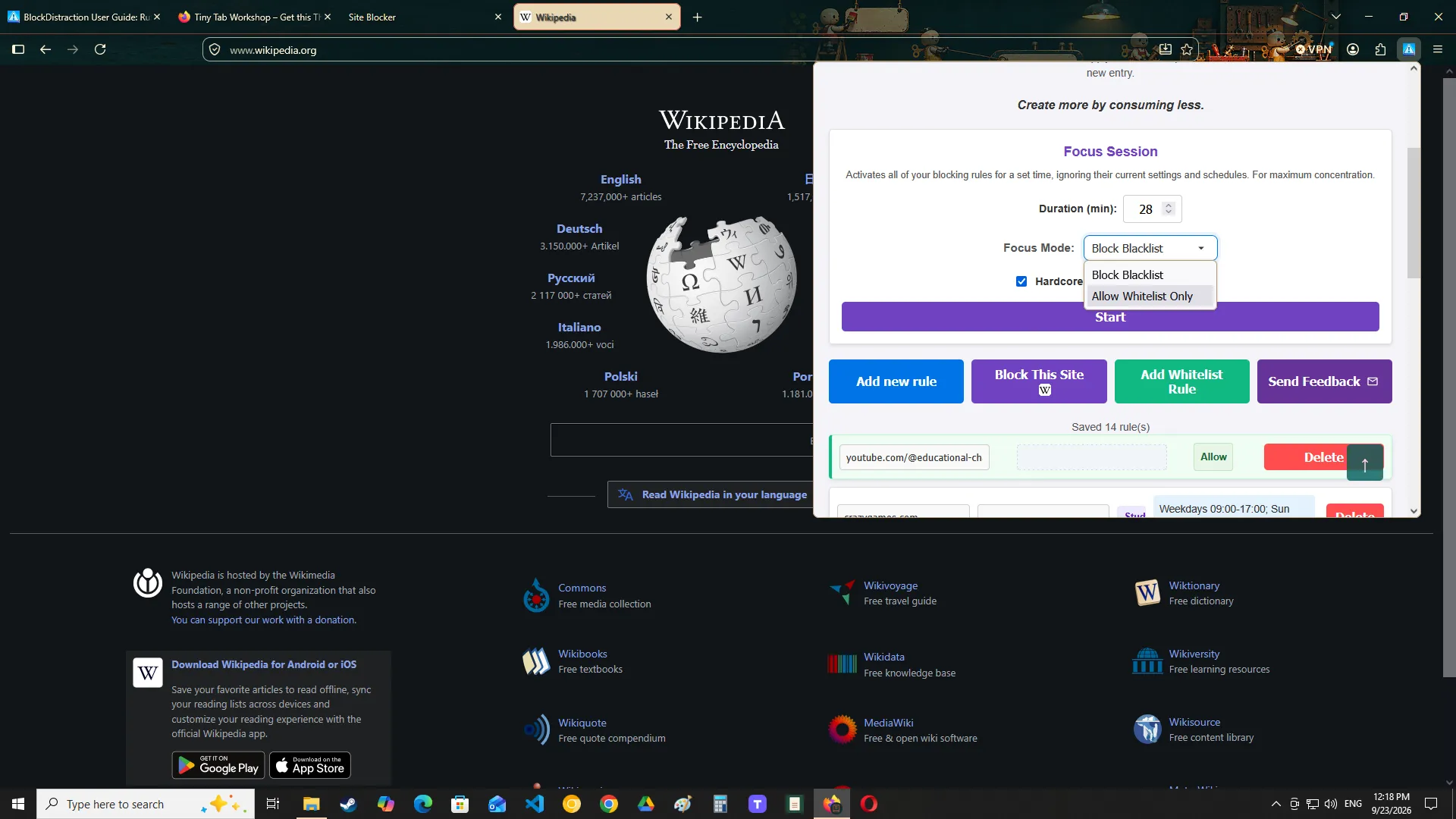 The Focus Session controls in the BlockDistraction extension popup