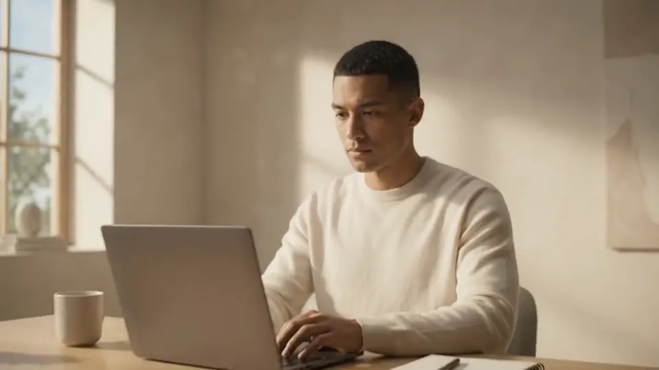 A person working at a laptop in a quiet, sunlit workspace