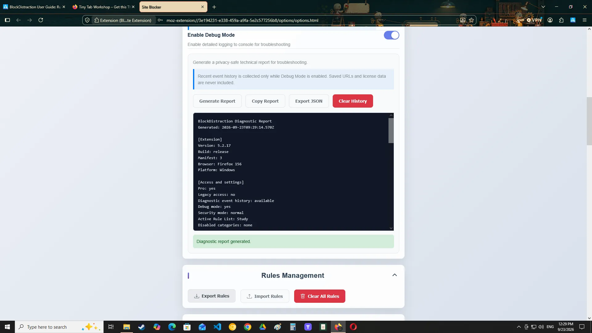 The import and export controls in BlockDistraction settings