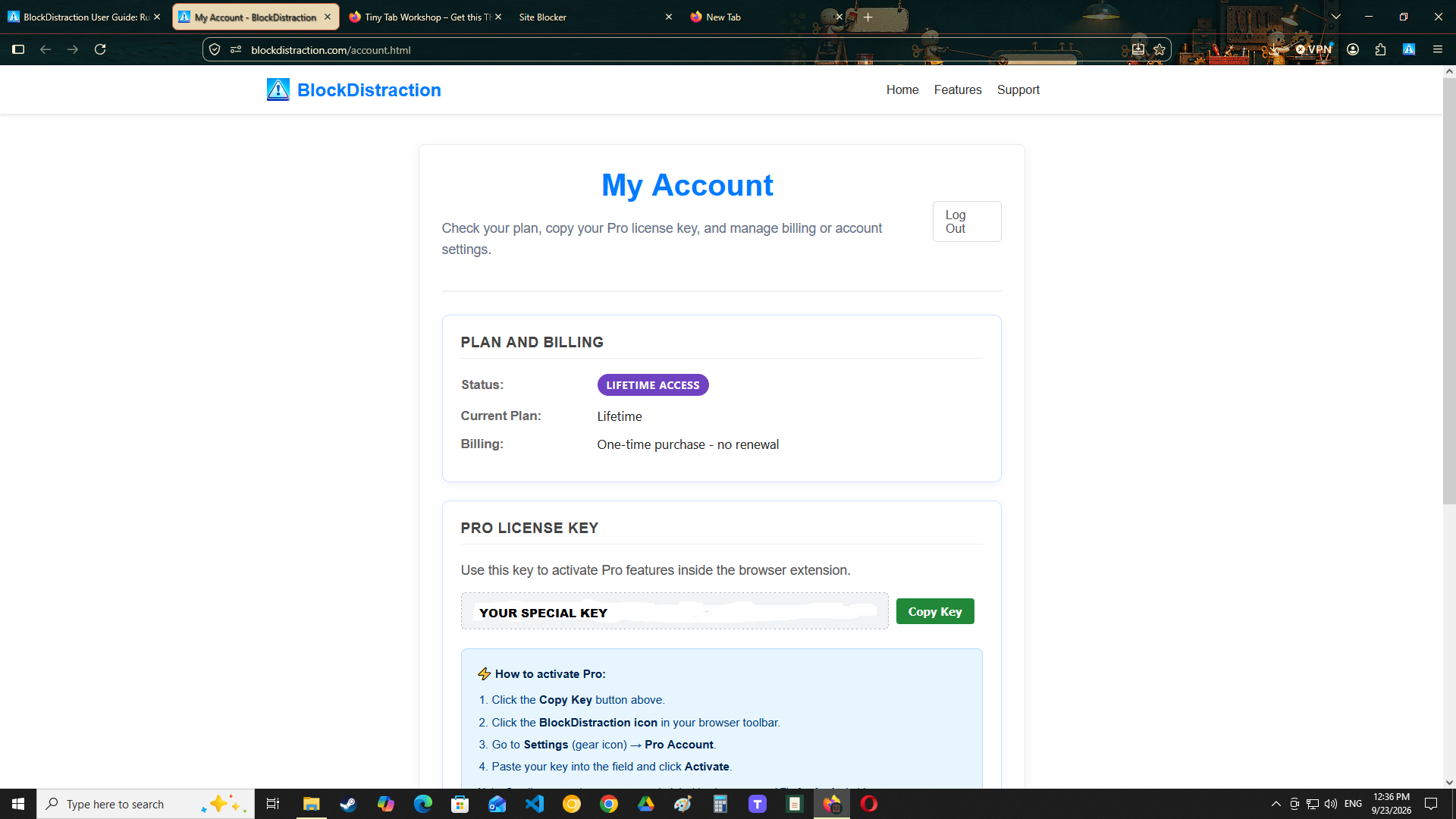 The Universal License Key displayed on the BlockDistraction My Account page