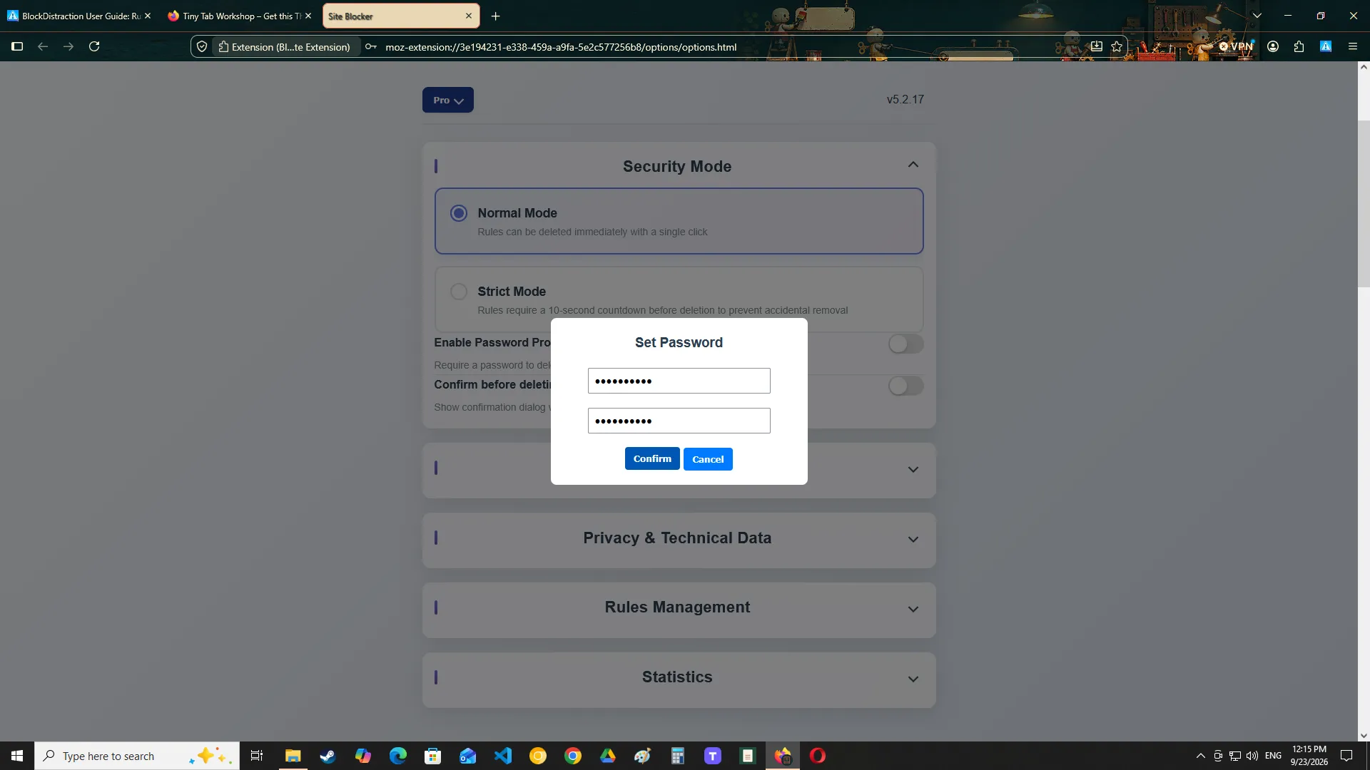Password Protection settings in BlockDistraction