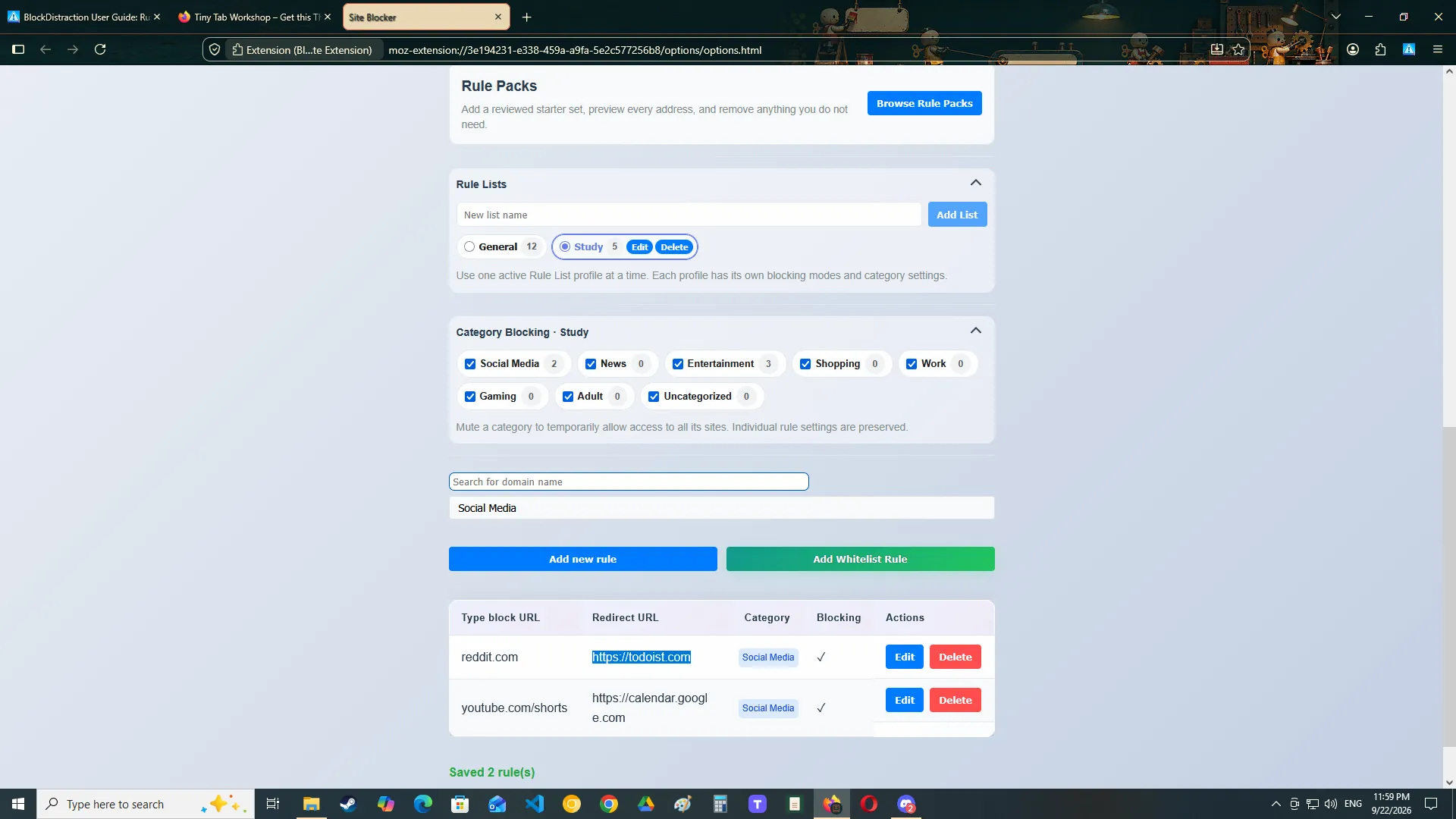 A BlockDistraction rule configured to redirect one website to another