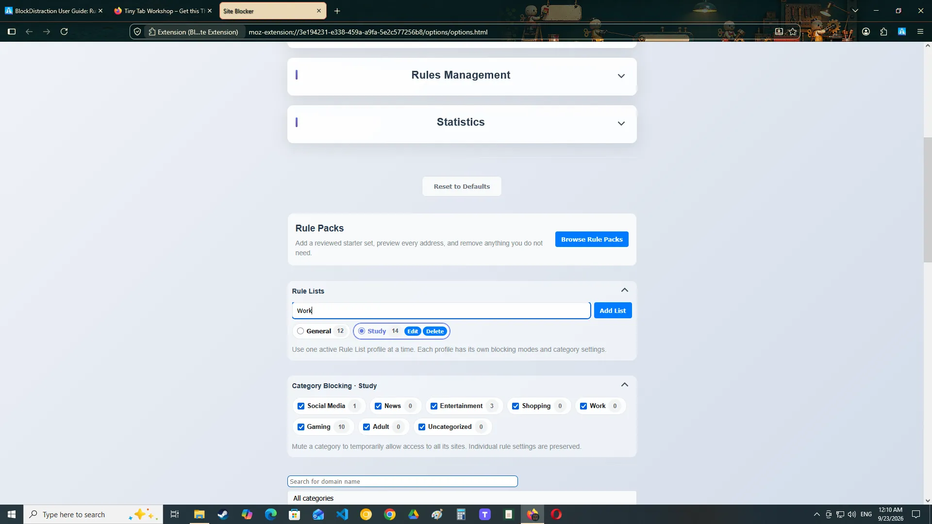 Rule List profile cards and the active profile rules in BlockDistraction settings