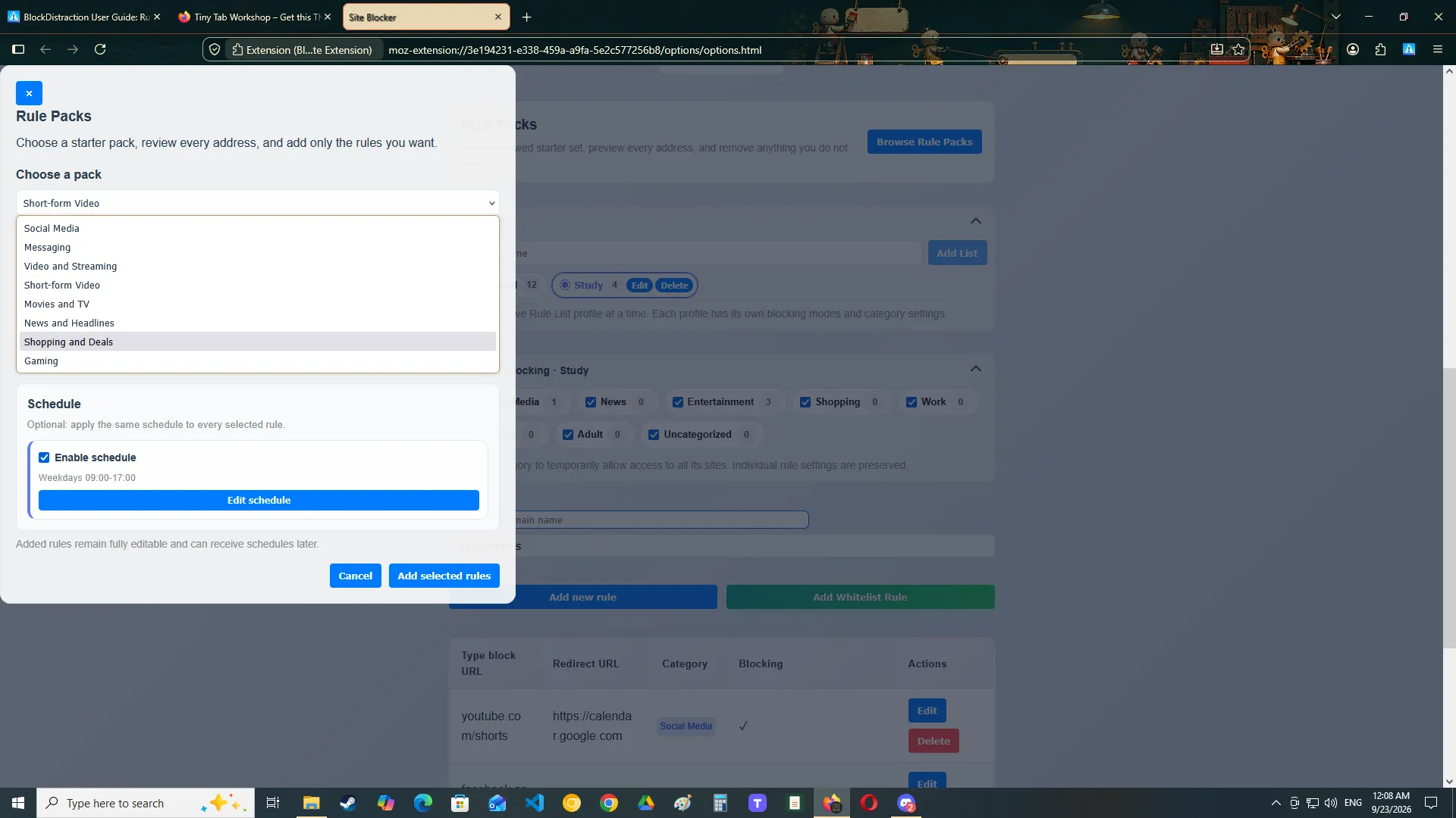 The BlockDistraction Rule Packs dialog with a starter pack and selectable website rules