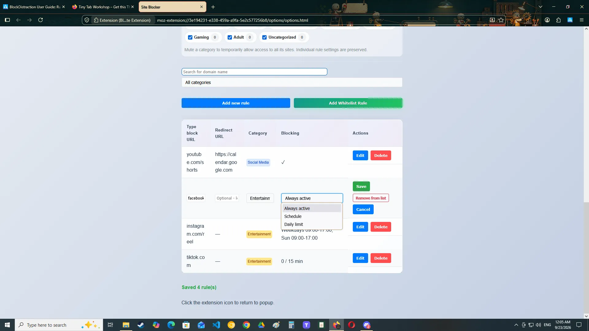 The list of saved blocking rules in BlockDistraction settings