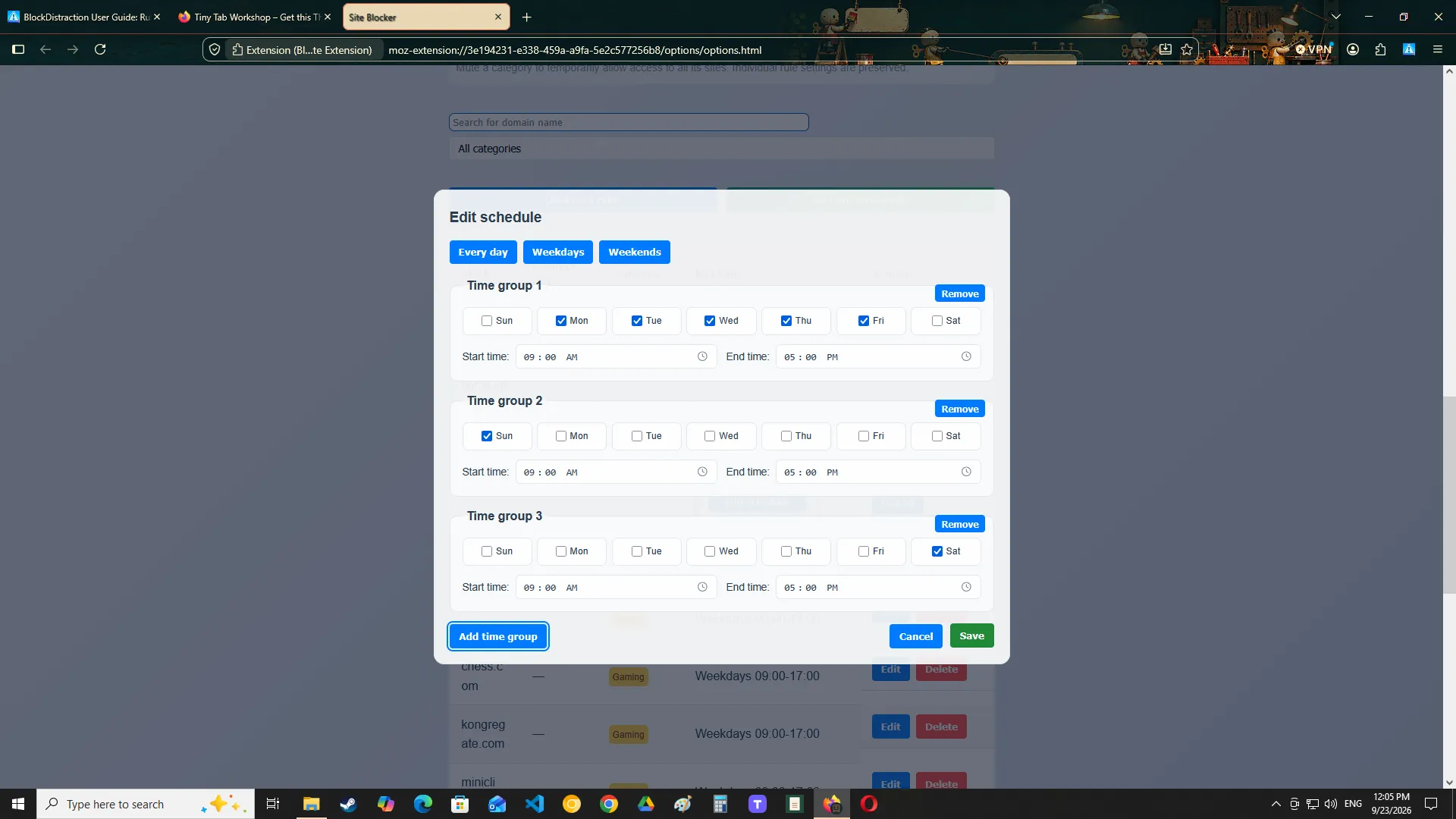 The schedule editor for a BlockDistraction rule