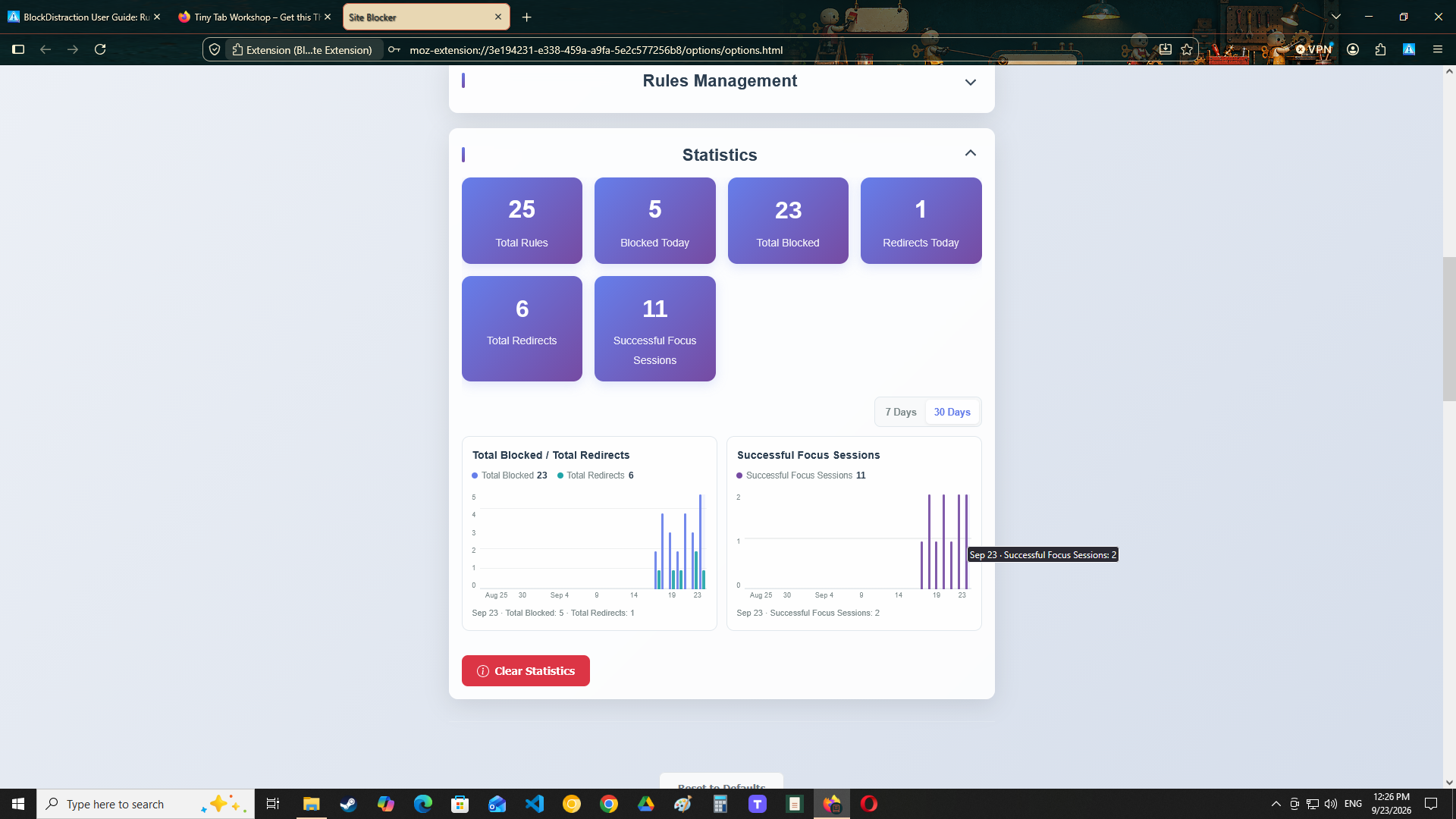 The BlockDistraction statistics panel